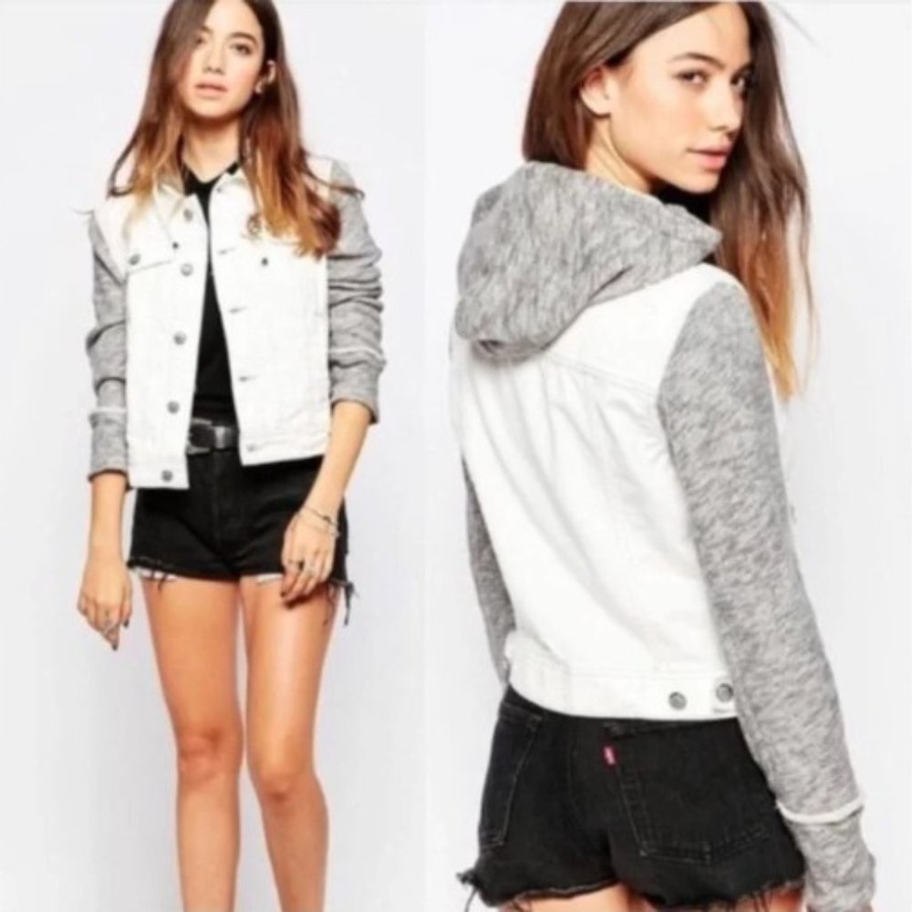 Free People White denim and sweatshirt jacket with hood; size S, nwt